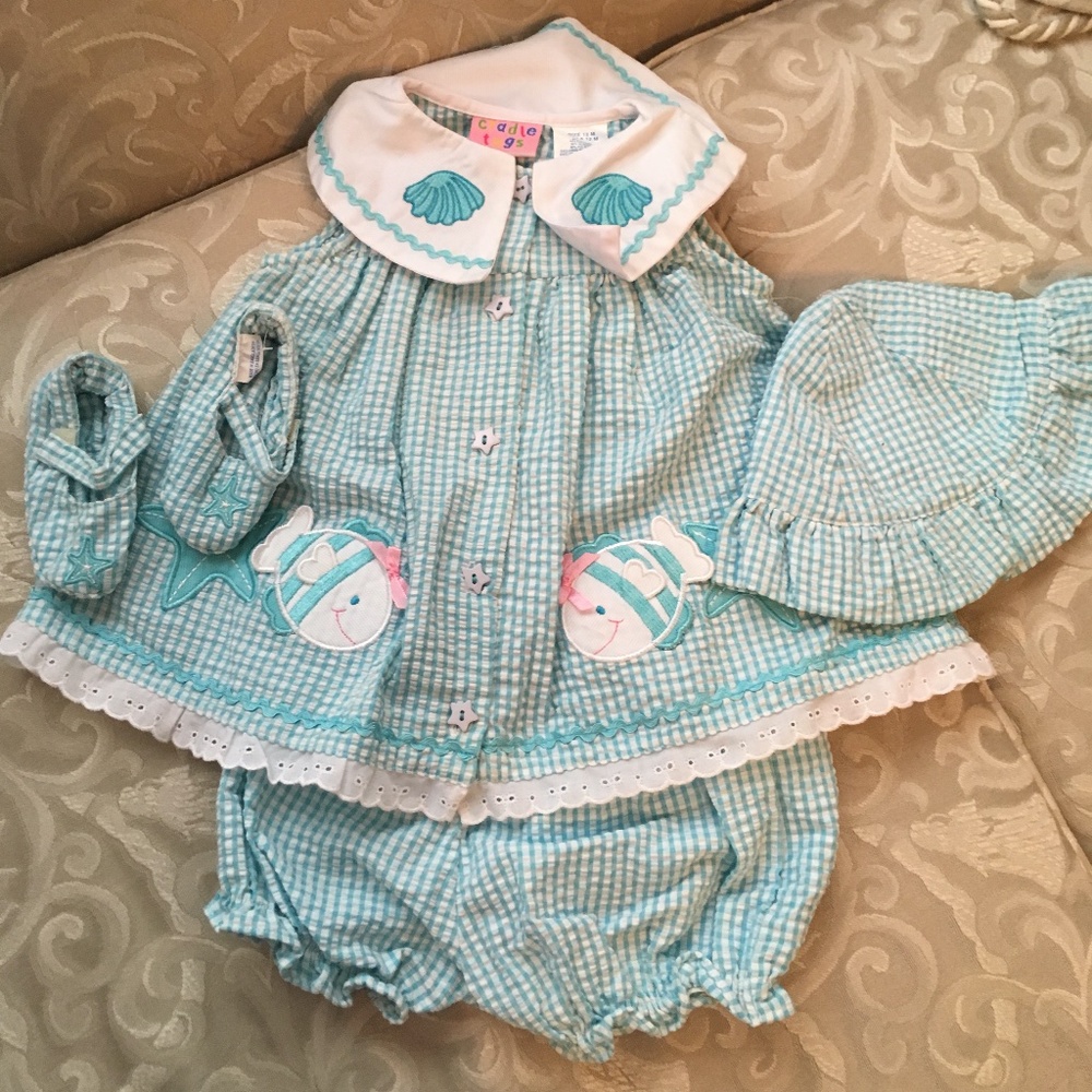 Cradle Togs NWT Vintage 4PC Blue & White Gingham Dress Sz 12 Mo. Sea Applique -